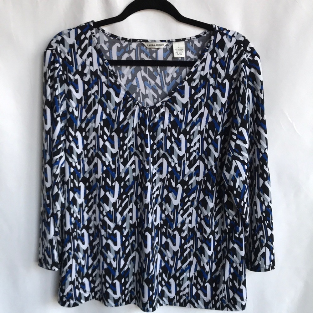 Laura Ashley black, white, blue, and gray V-neck 3/4-sleeve blouse, size L